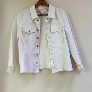 Don Caster white denim jean jacket with lace cuff